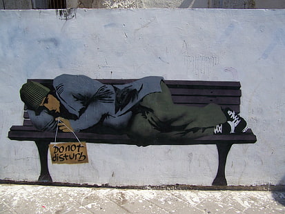 Banksy Graffiti HD, pintura azul e verde do homem, digital / obras de arte, grafite, banksy, HD papel de parede HD wallpaper