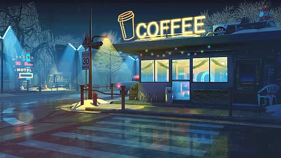 кафе, закусочная, ночь, кофейня, неоновая вывеска, HD обои HD wallpaper
