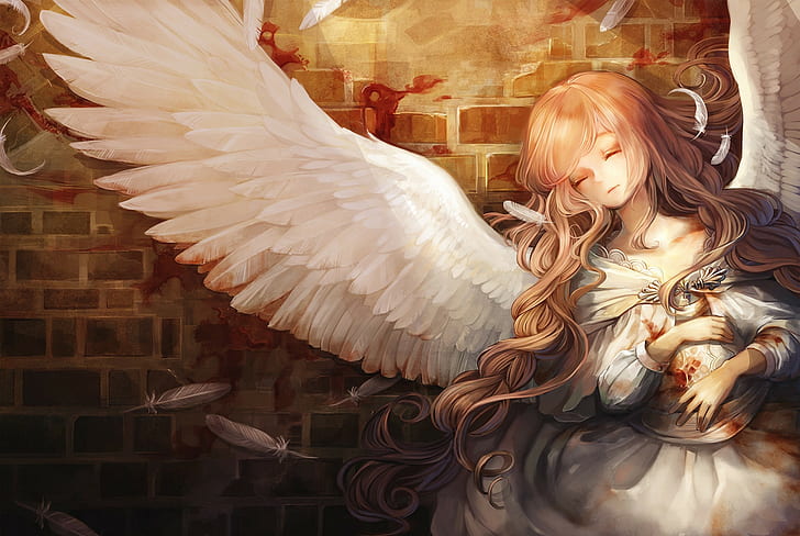 anime, anime girls, anjo, demônio, asas de anjo, asas, cabelos longos, HD papel de parede