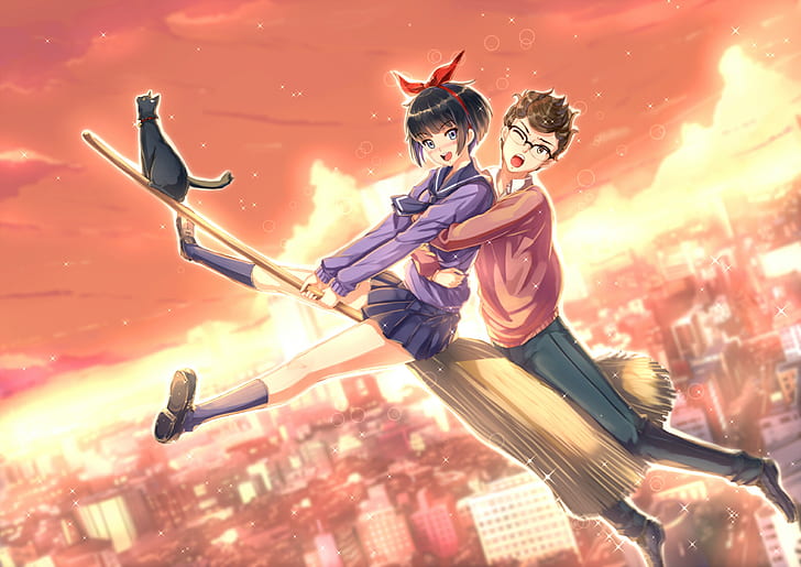 Kiki's Delivery Service, Kiki, witch, witches broom, flying, broom, cat, short hair, hair ornament, city, open mouth, school uniform, sky, anime, HD wallpaper