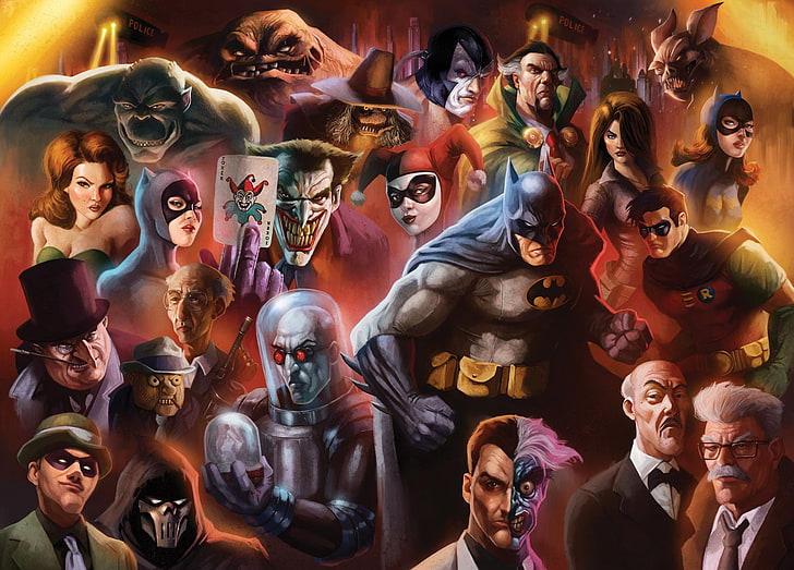 Бэтмен и Харли Куинн обои, арт, Бэтмен, персонажи, Женщина-кошка, Пингвин, DC Comics, Робин, Ядовитый плющ, HD обои