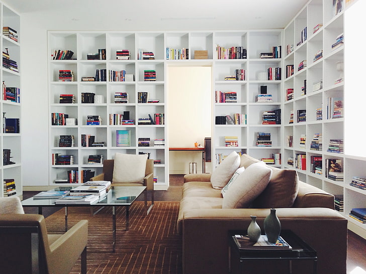 sofa, books, carpet, reading room, HD wallpaper