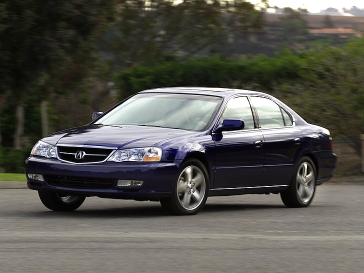 синьо Acura RL, acura, tl, 2002, синьо, изглед отпред, стил, автомобили, дървета, трева, асфалт, HD тапет