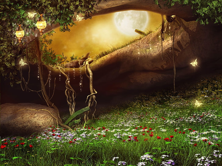art, artwork, butterfly, flower, forest, Magical, meadow, Photoshop, HD wallpaper