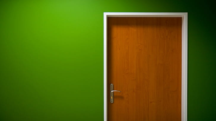 ドア、緑、壁、木製の表面、ミニマリズム、 HDデスクトップの壁紙