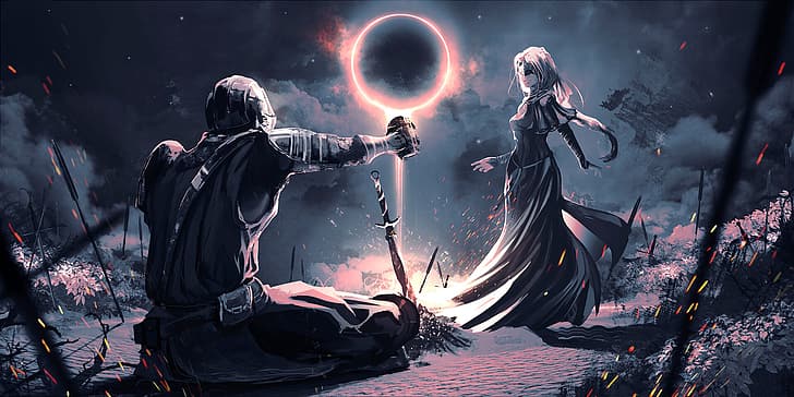 Rashed AlAkroka, Dark Souls 3, art fantastique, épée, chevalier, éclipse, étincelles, femmes, robe, tasse, feu de joie, Fond d'écran HD