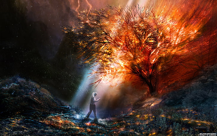 илюстрация на човек, стоящ пред дърво, фентъзи изкуство, произведения на изкуството, дървета, пейзаж, огън, Мойсей, HD тапет