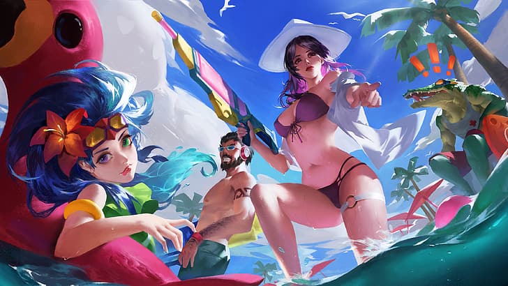 League of Legends, video game, Caitlyn (League of Legends), Caitlyn, pool party, Zoe (League of Legends), Graves, Renekton, Wallpaper HD