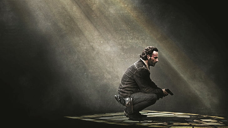 pria berjaket hitam dan celana memegang pistol hitam, Rick Grimes, The Walking Dead, 4K, Wallpaper HD