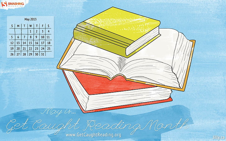 Get Caught Reading Month-2013 calendar desktop wal.., three assorted-color books illustrations, HD wallpaper