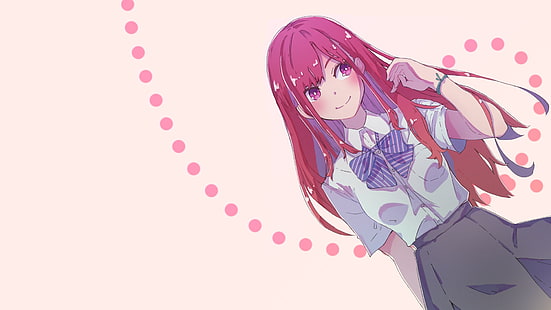 Anime, Manga, Anime Girls, rosa, rosa Haare, einfachen Hintergrund, Minimalismus, Schulmädchen, lächelnd, HD-Hintergrundbild HD wallpaper
