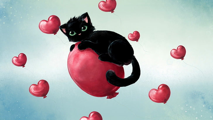 gato preto em um balão de coração vermelho, gato, balão, gatos pretos, coração, obras de arte, animais, HD papel de parede