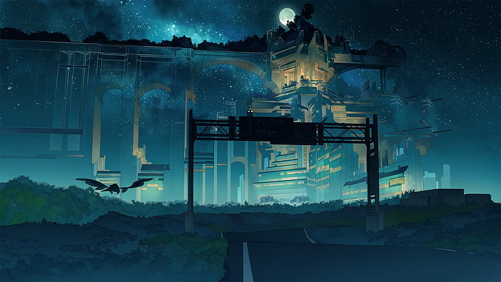 ilustrasi struktur beton abu-abu, futuristik, seni fantasi, anime, alam, malam, langit, Bulan, bintang, Wallpaper HD