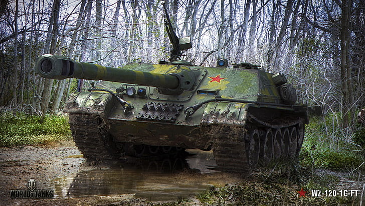 road, forest, trees, dirt, art, puddles, Chinese, World of Tanks, PT-ACS, WOT, WZ-120-1G-FT, HD wallpaper