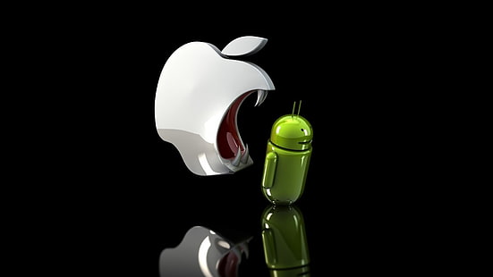 Android and Apple logo, Apple Inc., Android (operating system), render, 3D, humor, reflection, digital art, HD wallpaper HD wallpaper