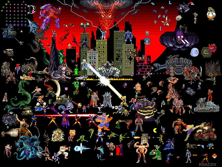 ilustração de personagens do jogo, pixel art, pixels, videogames, arte, colagem, HD papel de parede