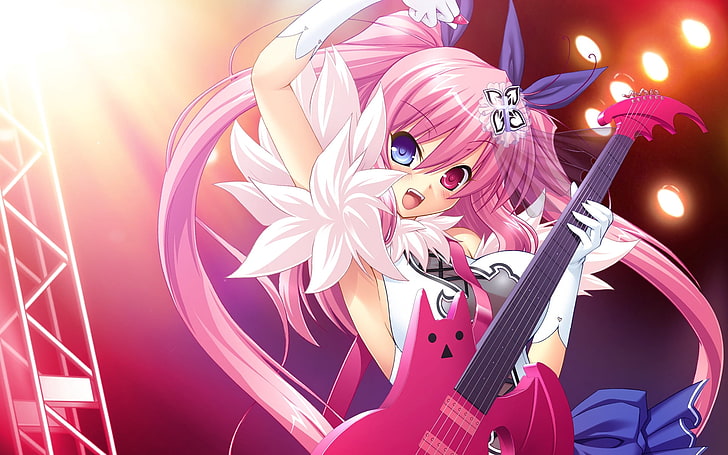 ilustracja postaci różowowłosej dziewczyny, anime, dziewczyna, sukienka, scena, gitara, oczy, Tapety HD