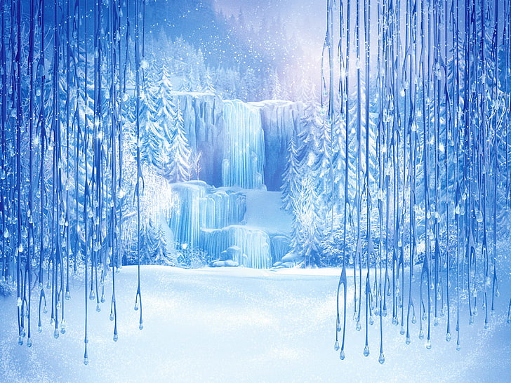 papel de parede digital de cachoeiras congeladas, neve, flocos de neve, gelo, gelo, Congelado, árvore, Walt Disney, animação, 2013, Coração frio, castelo de gelo, Arendelle, HD papel de parede