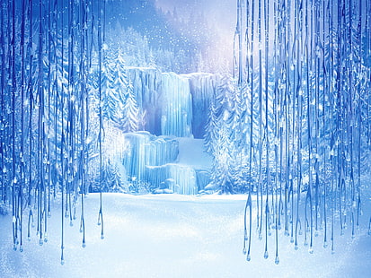frozen waterfalls digital wallpaper, snow, snowflakes, ice, icicles, Frozen, tree, Walt Disney, animation, 2013, Cold Heart, ice castle, Arendelle, HD wallpaper HD wallpaper