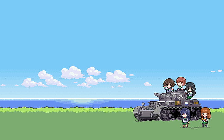 Girls und Panzer, panzer IV, Nishizumi Miho, Akiyama Yukari, Takebe Saori, Reizei Mako, Isuzu Hana, tank, pixel art, HD wallpaper
