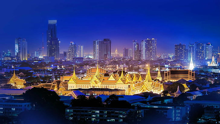 Cities, Bangkok, Building, City, Grand Palace, Light, Night, Skyscraper, HD  wallpaper | Wallpaperbetter