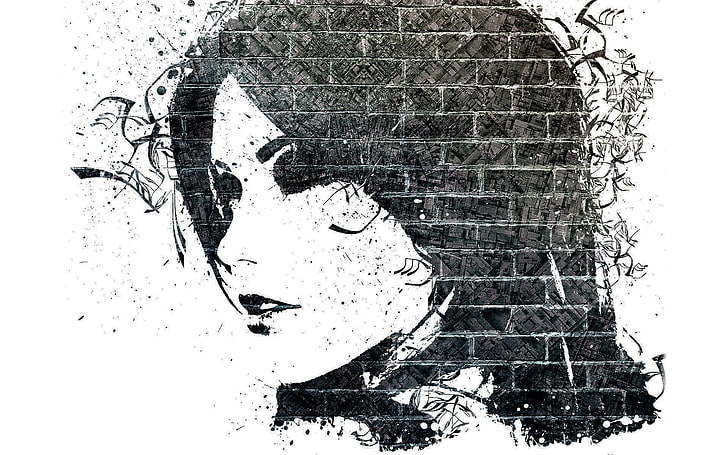 صورة المرأة ، الطوب ، الكتابة على الجدران ، الوجه ، فسيفساء ، عمل فني ، أليكس شيري ، بقع الطلاء، خلفية HD