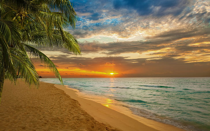 Zachód słońca nad morzem, plaża z białym piaskiem, zachód słońca, plaża, morze, brzeg, natura, hd, Tapety HD