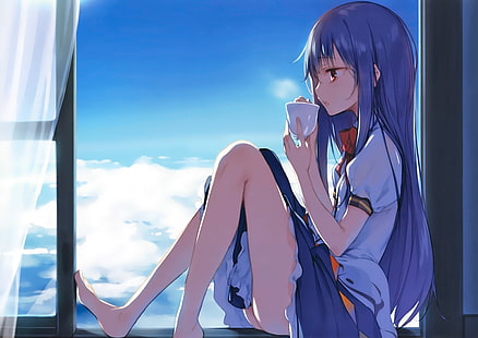 personagem de anime feminino de cabelos azuis, ke-ta, Hinanawi Tenshi, cabelos longos, pés, nuvens, janela, céu, cortinas, Touhou, anime girls, anime, cabelo azul, copo, HD papel de parede HD wallpaper