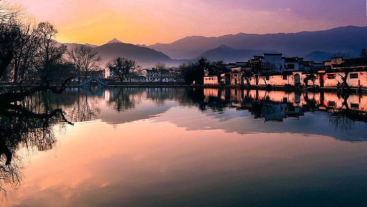 village, townlet, hongcun ancient village, hongcunzhen, sunrise, reflection, morning, mountain, anhui, huangshan, china, yixian, HD wallpaper