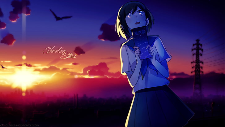 Originalfiguren, Anime, Anime Girls, Schuluniform, kurze Haare, Sonnenuntergang, Rock, HD-Hintergrundbild