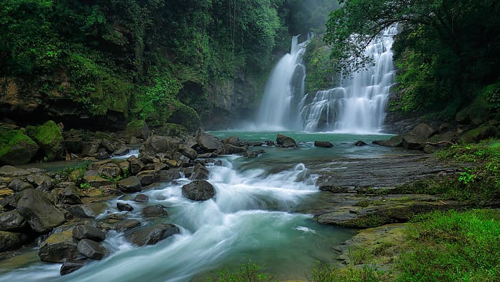 Natura, skały, mech, drzewa, rośliny, wodospad, długa ekspozycja, Monsun, Las deszczowy, Wodospady Nauyaca, Kostaryka, Tapety HD