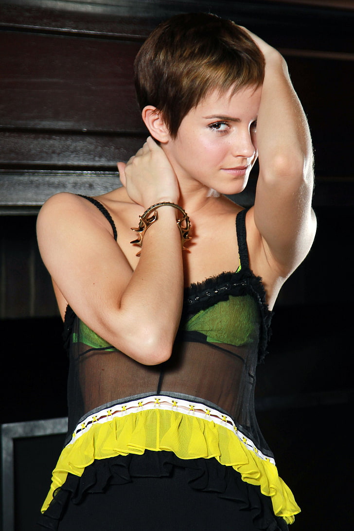 women's black and green spaghetti strap dress, armpits, Emma Watson, women, actress, celebrity, short hair, HD wallpaper