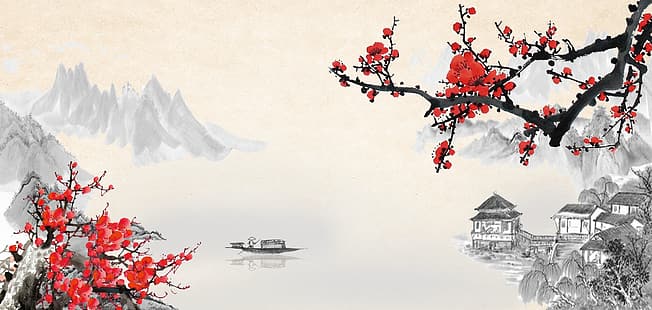 czerwone tło, Japonia, Azja, pagoda, nihonga, taisho, showa, meiji, kompozycja, drzewa, liść klonu, druk, Tapety HD HD wallpaper