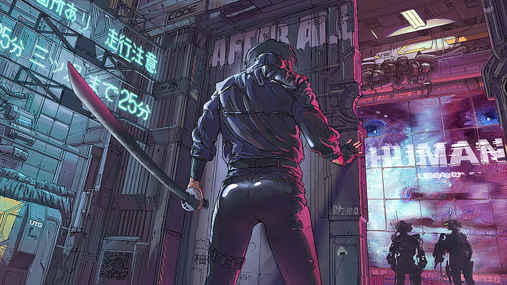 pria memegang ilustrasi pedang, futuristik, cyberpunk, karya seni, Ghost in the Shell, wanita dengan pedang, Wallpaper HD