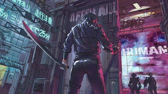 pria memegang ilustrasi pedang, futuristik, cyberpunk, karya seni, Ghost in the Shell, wanita dengan pedang, Wallpaper HD HD wallpaper