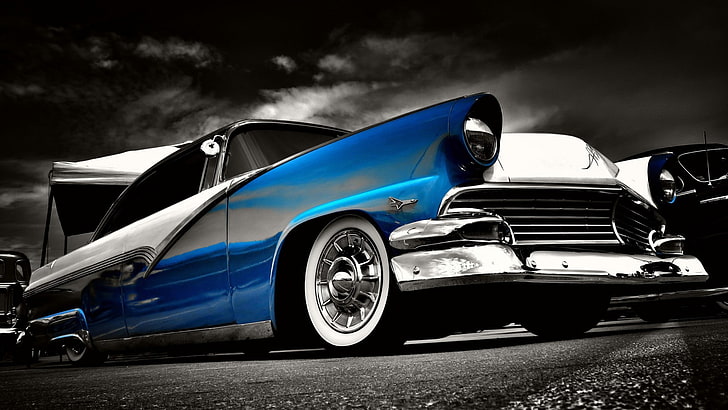 blue and white car wallpaper, car, old car, Hot Rod, Ford Customline, selective coloring, HD wallpaper