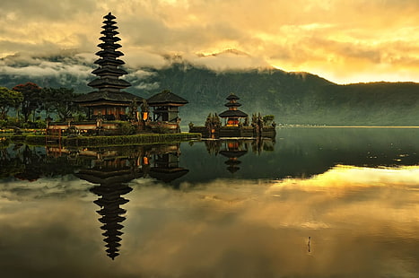 body of water beside house painting, nature, landscape, water, Indonesia, Bali, island, lake, temple, Asian architecture, clouds, sunrise, mist, trees, mountains, hills, forest, reflection, morning, HD wallpaper HD wallpaper