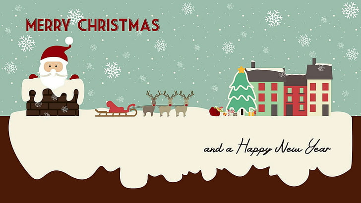 クリスマス、メリークリスマス、新年あけましておめでとうございます、新年、イラスト、サンタクロース、雪、そり、クリスマスツリー、住宅、スノーフレーク、 HDデスクトップの壁紙
