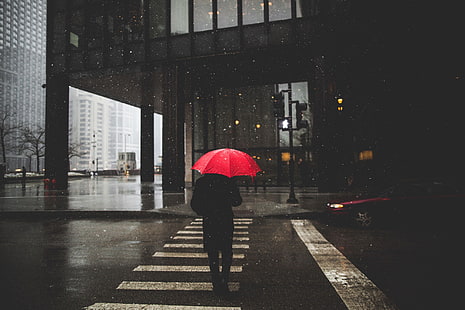 lampe de table noir et rouge, parapluie, rue, pluie, Fond d'écran HD HD wallpaper