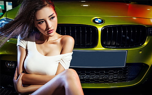 auto, se, flickor, BMW, asiatisk, vacker flicka, sitter på maskinen, HD tapet HD wallpaper
