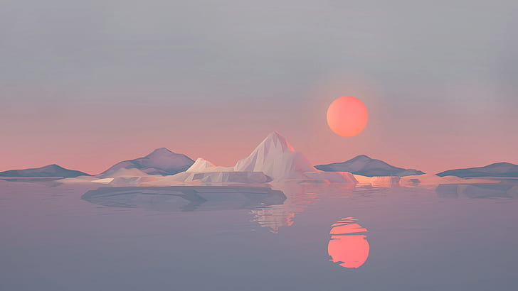 minimalist, low poly, fantasy landscape, low poly art, iceberg, ice, landscape, horizon, low-poly art, low-poly, reflection, sunset, HD wallpaper