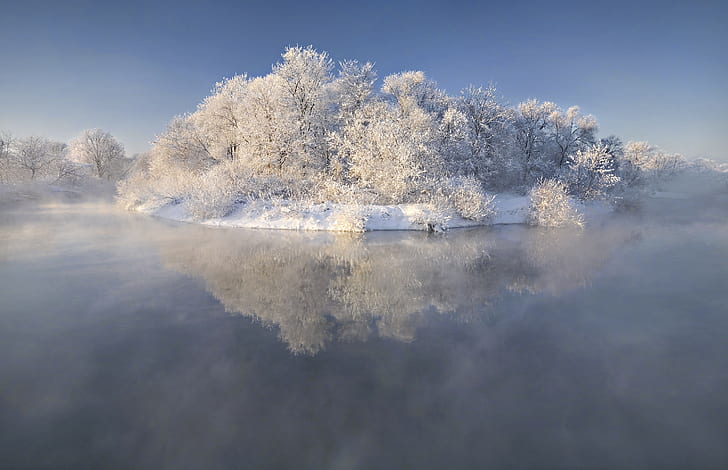 Winter island, white trees, snow, ice, trees, mist, frost, island, beautiful, nature, lake, Winter, fairy, HD wallpaper