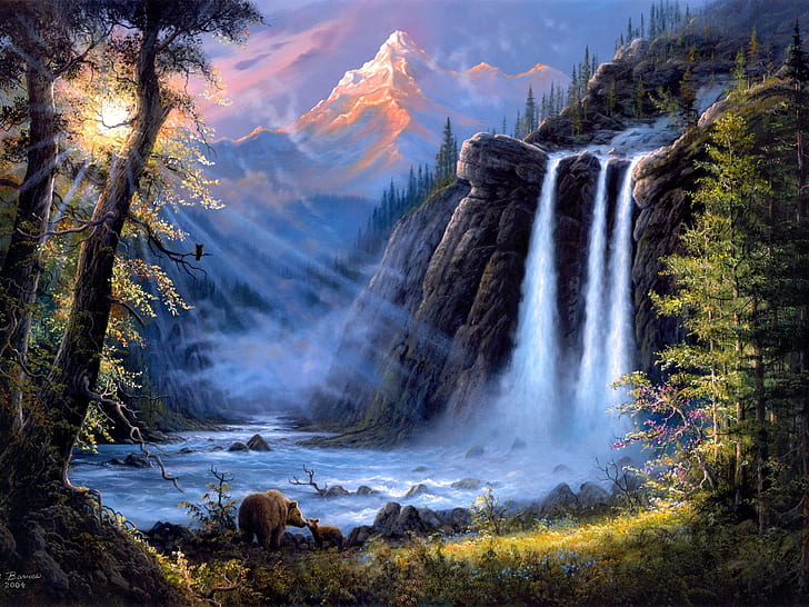 Jesse Barnes konstmålning, landskap, vattenfall, träd, björnar, grönt, svart, blått och orange konstverk av vattenfallet, Jesse, Barnes, konst, målning, landskap, vattenfall, träd, björnar, HD tapet