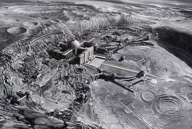 Vogelperspektive der Moschee, des Mondes, der Stadt, des Hakenkreuzes, der Nazis, des eisernen Himmels, HD-Hintergrundbild