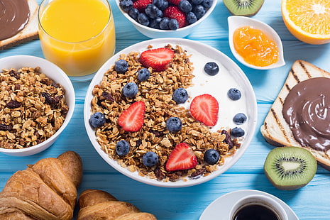 еда, натюрморт, завтрак, фрукты, ягоды, клубника, HD обои HD wallpaper
