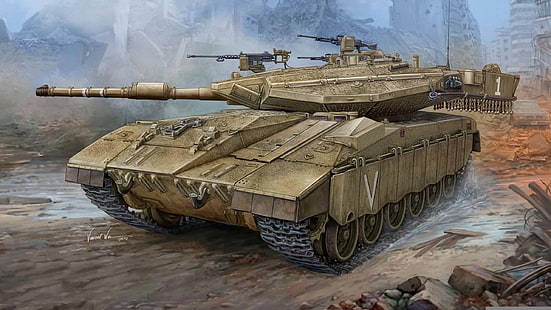 brown battle tank illustration, chariot, gun, art, tank, Merkava, mark, caliber, combat, tanks, series, 120 mm, Mk III D, psi, main, MG253., Israel, HD wallpaper HD wallpaper