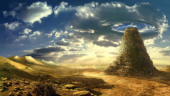 зелена планина, вавилон, кула, Вавилонска кула, фентъзи изкуство, облаци, произведения на изкуството, HD тапет HD wallpaper
