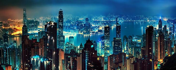 Kota, Hong Kong, Bangunan, Cina, Cityscape, Cahaya, Malam, Panorama, Sungai, Pencakar Langit, Wallpaper HD