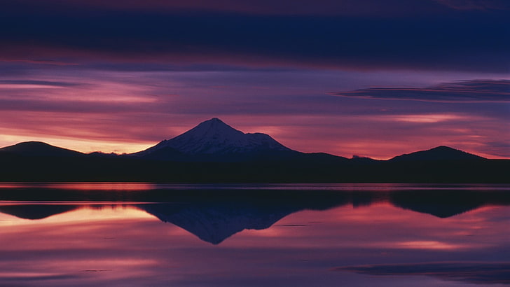 czarna drewniana półka trójpoziomowa, krajobraz, przyroda, góry, zachód słońca, słońce, niebo, Mount Shasta, Kalifornia, Tapety HD