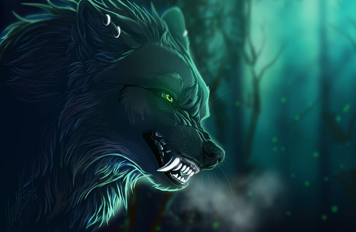 direwolf خلفية رقمية ، فن خيالي ، ذئب ، مخلوق ، عمل فني ، عيون خضراء، خلفية HD
